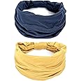 GiLi 2 Pack Wide Headbands for Women Boho African Knotted Non Slip Fashion Hair Bands Yoga Running Sports Workout Gym Head Wraps Elastic Soft Cotton Cloth Turbans Bandana for Girls(Yellow,Navy)