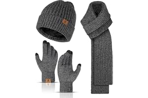 INSISMY Winter Beanie Hat Scarf and Touch Screen Gloves Set Knitted Hats Thermal Gloves Long Scarf for Men Women Neck Warmer 3 PCS Skull Cap Thick Fleece Lined Unisex