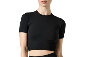 Risalti T-Shirt Crop Top Donna Sportivo Fitness Costina Ilena - Top Palestra Donna Maniche Corte in Microfibra, Abbigliamento Sportivo Donna, Top Donna Elegante Senza Cuciture - Made in Italy