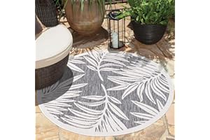 carpet city Alfombra exterior resistente a la intemperie – gris – 200 x 200 cm redonda – hojas de palmera – Alfombra de balcón impermeable – para interiores y exteriores para terraza, jardín, cocina,