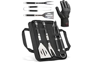 HORUS 23 Kit Barbacoa Hombre Regalo – Set de 4 Utensilios en Acero INOX con Bolsa Porta Herramientas: Pinzas, Espátula, Tenedor y Guantes Barbacoa