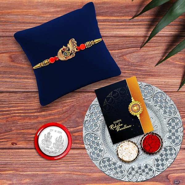 Oblivion Rakhi Combo For Brother – Silver Multicolor Rakhi Bracelet With Tilak Set, Pooja Coin & Greeting Card