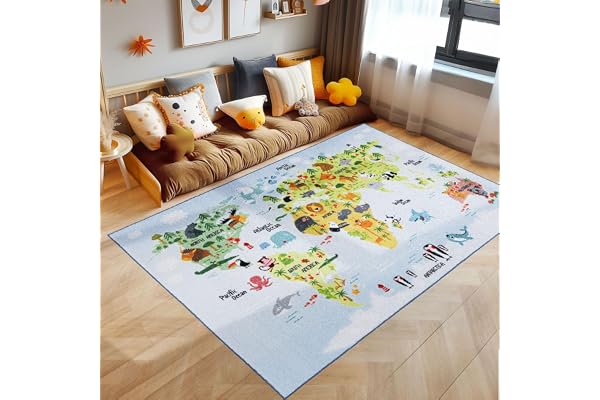 SIMPEX Barnmatta Blå 100x150 cm Världskarta med Djur Design Modern Halkfri Tvättbar Extra Mjuk Allergivänlig Barnrum