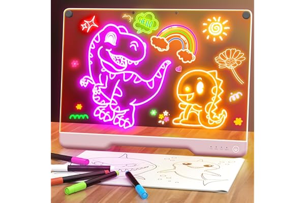Tableau lumineux LED rechargeable 40 cm avec 7 couleurs – Ardoise lumineuse néon pour dessin et messages, effaçable à sec, avec support intégré, 5 marqueurs – Cadeau créatif pour enfants et ados-rose