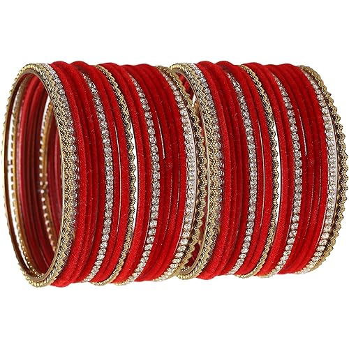 ZENEME Gold-Plated Matte Finish Velvet White American Diamonds Studded Bangles Set Of 36 For Girls and Women