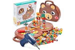 xinrongda Kit de Mosaique Enfant Puzzle 3D, 203pcs Jouet de Montessori Jeu de Construction Éducatif avec Perceuse Électronique, Educatif pour Bricolage Jouet Jeu Fille Garcon 3 4 5 6 Ans (Ours)