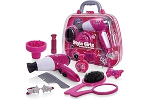 Style Girlz Hair Styling Set For Girls - Kids Battery Operated Toy Hair Dryer, Accessories, Vanity Case - Childrens Hairdressing Set - Pretend Hairdresser Role Play For Kids - Toys For Girls Age 3-6
