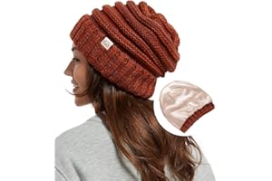 Hat Hut Womens Satin Lined Beanie Winter Hats with Silk Lining for Hair Slouchy Beanie Soft Warm Cable Knit Winter Hat