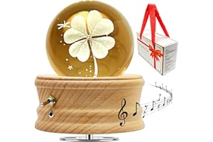 MROOYI Carillon con Sfera di Cristallo 3D K9, Music Box con Confezione Regalo, Base in Legno di Faggio con Luce LED, Regali per Donne e Uomini, Compleanno, Matrimonio, San Valentino, Natale (Trifoglio)