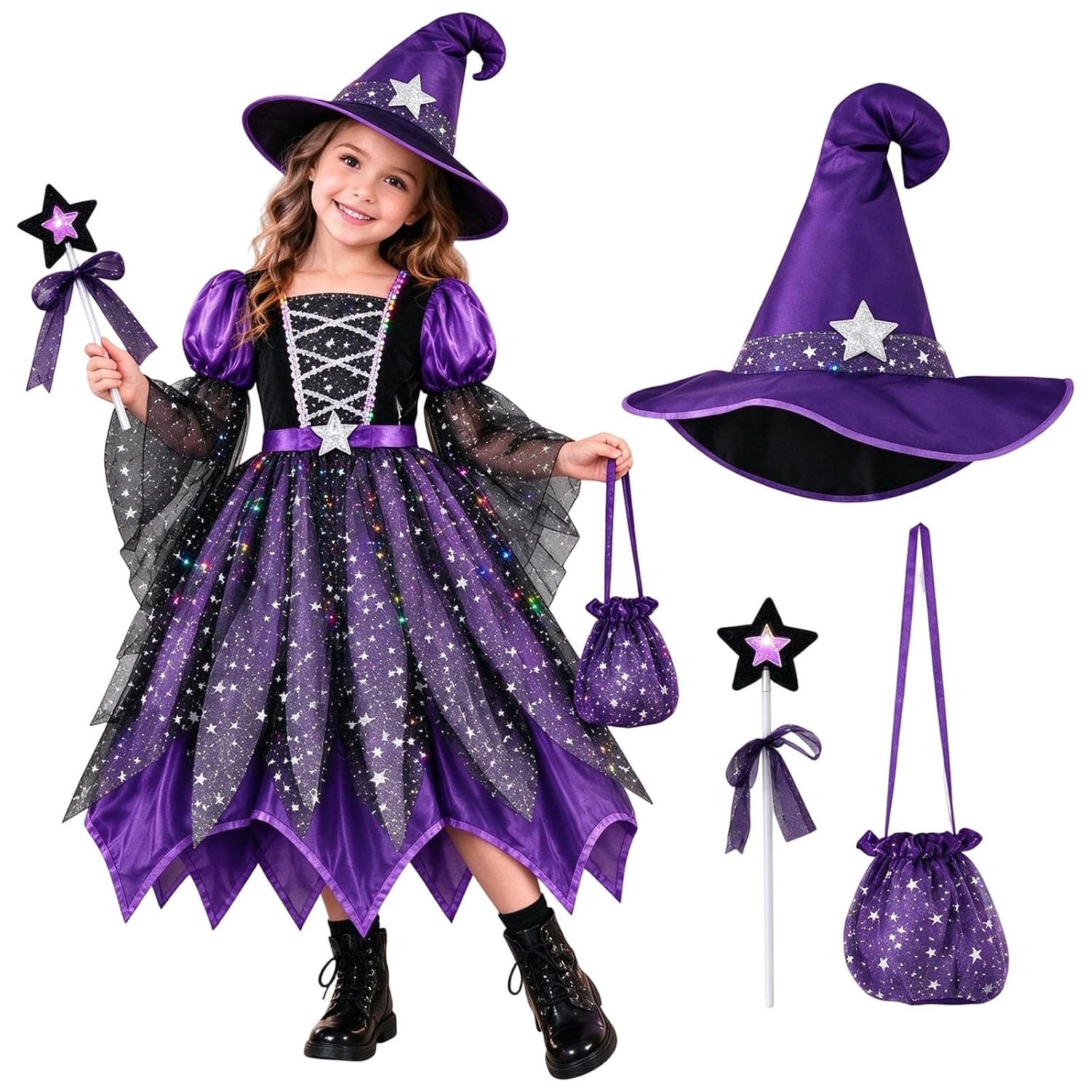 Vestito Halloween Bambina Strega, Costume 4 Pezzi Con Cappello E Bacchetta | Set Completo Con Borsetta Per Carnevale, Spettacolo & Festa In Costume