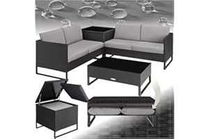 TecTake® Conjunto Jardín de Ratán con Cojines Gruesos, Muebles Jardín Exterior 2 Sofás, 1 Mesa Cristal, 1 Caja Almacenamiento, Conjunto Terraza Resistente a la Intemperie, Estructura en Acero - Negro