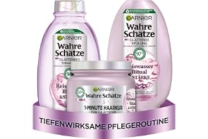 Garnier True Treasures utjämnande hårvårdsset med risvatten för medellångt hår, för mer glans och jämnhet, schampo (250 ml), balsam (200 ml), 1 minut hårbehandling (340 ml), 3 delar