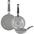 LIFE SMILE Frying Pan Set - Multi Layer Granite Coating Fry Pan | Include 20 CM, 24 CM, 28 CM Non Stick Pan | Heat-Resistant Handle Hanging Loop (Grey)