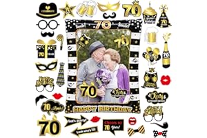 BATNITE Black & Gold 70th Birthday Photo Booth Props - 35 Piece Set with Inflatable Selfie Frame, Glasses, Hat & Red Lips Props for Women & Men