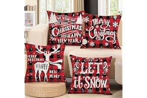 QIFU 4 Pezzi Federe Natalizie 45 x 45cm, Decorazioni Natalizie Cuscini Rettangolari Natalizi Per Divano Rossa e Nero, Copridivano Natalizio, Copricuscini Natalizi, Natale Decorazioni Casa Federe Cuscini