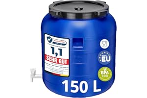 Garronda 150 litros Barril de Boca Ancha BPA-Libre con Grifo, Universal para Alimentos, Barril de Agua de Lluvia con Tapa, Barril para Jardines GD-0092, Azul