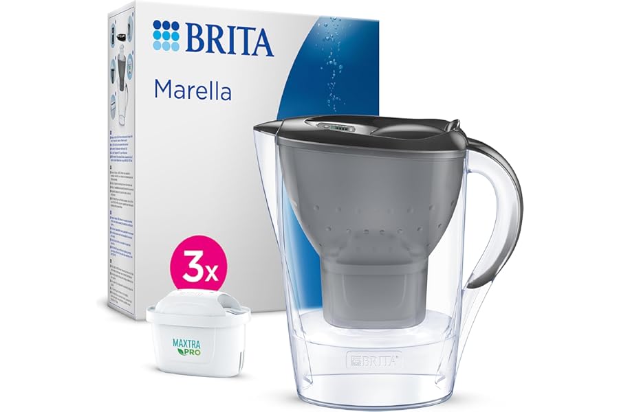 BRITA Marella Water Filter Jug Graphite (2.4L) Starter Pack incl. 3x MAXTRA PRO Pure Performance cartridge - fridge-fitting jug with digital LTI and Flip-Lid - now in sustainable Smart Box packaging