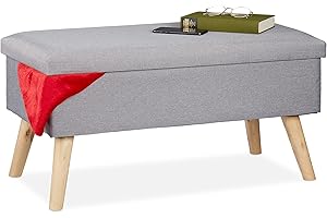 Relaxdays Baúl Almacenamiento, Banco Acolchado, Patas Madera, Asiento Almacenaje, Funda de Tela, 39x77x39 cm, Gris Claro