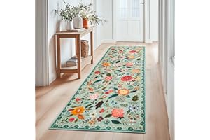 Puremy Waschbarer Flur Teppich Kurzflor Läufer, Vintage Blumenmuster Niedriger Flor, Wohnzimmerteppich Weich Teppiche für Bettvorleger Matte/Deko/Schlafzimmer/Kinderzimmer, 80x150cm, Grün