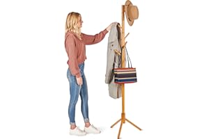 ZOBER High-Grade Wooden Tree Coat Rack Stand, 6 Hooks, Super Easy Assembly NO Tools Required, 3 Adjustable Sizes Free Standing Hallway Coat Hanger Hat Stand, for Handbag Clothes & Accessories - Natural Wood