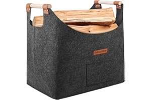 HONGTAISHENG Panier bois cheminée XL panier buche en feutre très épais et poignée renforcée | Pliable Sac en feutre pour les courses, le bois, le journal(Noir)