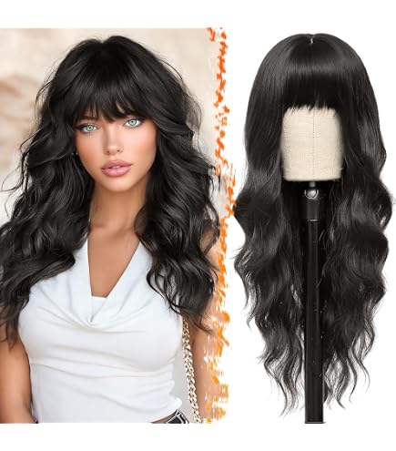 Perruque Longue Bouclée Noire Synthétique – Avec Bonnet Et Frange