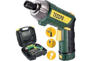 Avvitatore Elettrico, TECCPO 6Nm Cacciavite Elettrico, 9+1 Coppia di Serraggio, 45 Punte, 2000mAh Li-ion 3,6V, 2 Diversi Angolazione a Piegare, Luce LED, Migliore Regalo di DIY