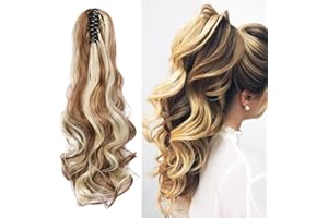 CYBELLEZA Queue de Cheval Extension Cheveux Queue de Cheval Naturel Ondulés Bouclés Postiche Synthétiques Longue Claw on Ponytail Griffe Raides Rajout Vrai (Brun doré&Bleach Blonde)