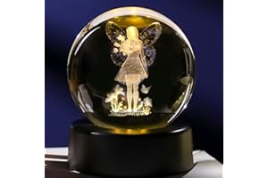 Ornalrist 6cm K9 Crystal Ball Engraved 3D Fairy with Rose Figurine Paperweight with LED Light Base, Fairy Themed Ornament Gifts for Women Friends Fairy Lovers for Birthday Christmas