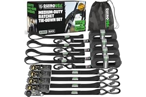 Rhino USA Ratchet Straps Tie Downs (4-Pack) - 2.5cm x 4.6m (800kg Break Strength) - Ultimate Tie Down Straps with Safety S Hooks - Premium Straps for Trucks, Cargo, Moving, Appliances - Black