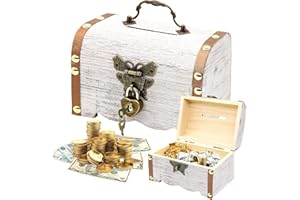 Forbabe Wooden Treasure Chest, Vintage Money Box with Lock Pirate Treasure Chest Small Treasure Chest with Lock Wooden Chest with Lid for Children's Birthday Treasure Hunt (14.5 x 10.5 x 10.3 cm