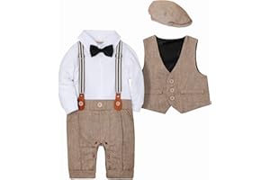 SANMIO Zestaw odzieży dla chłopców na chrzest, dla chłopców 3-częściowy z muchą + kamizelka + kapelusz Gentleman z długim rękawem strój na świąteczne urodziny, wesele