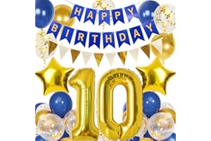 DOUVELUE 10th Birthday Decorations for Boys - Navy Blue Gold Balloons, Happy Birthday Banner, 40 Inch Number 10 Foil Balloons With Bunting for Girls and Boys