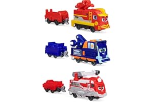 Mighty Express Juego de 3 Trenes Push and go – Tren Manual con vagón para la Popular Serie de televisión, Salvador Rojo – carguero Nick – Mecánico Milo Incluido, a Partir de 3 años