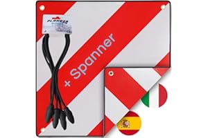 PLANGER® - Panneau d'avertissement Italie et Espagne (Panneau + Tendeur) 2en1 (50 x 50 cm) - Panneau d'avertissement réfléchissant Rouge et Blanc pour Porte-Bagages arrière et Porte-vélos