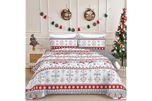 ‎WONGS BEDDING WONGS BEDDING Tagesdecke 220x240 Weihnachts Bettüberwurf Steppdecke Doppelbett Gesteppt Mikrofaser 3 Teilig Tagesdecken Bettdecke Stepp Decke mit 2 Kissenbezüge 50x75, Weiß & Grau