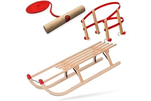 Explorer Colint Schlitten für Kinder Set Holz Davos, Single, mit Leine oder mit Rückenlehne und Leine in Rot oder Blau