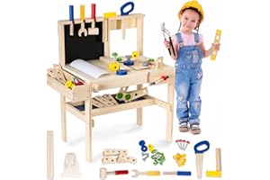 Mamabrum Banco da Lavoro in Legno per Bambini – Set Attrezzi Giocattolo Montessori con Cassetta Attrezzi, Trapano e Accessori – Gioco Educativo da 1 Anno in su
