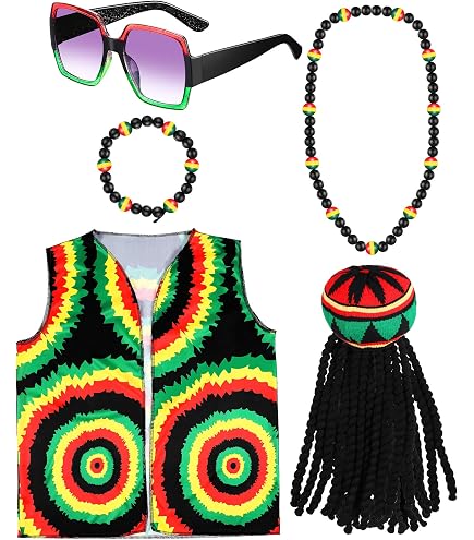 Jamaika Kostüm Set – Inkl. Dreadlock-Perücke, Sonnenbrille, Halskette & Armband