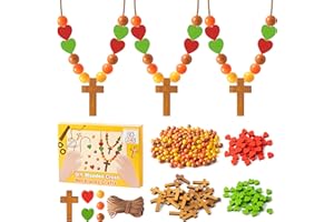 BeYumi Wooden Cross Necklace Craft - 24Pcs Fall Wooden Cross Beads Necklace Craft Kit for Kids DIY Thanksgiving Cross Necklace Autumn Religious Thankful Decor Sunday School Classroom Christian Favors