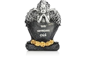 ‎COM-FOUR com-four® Grab Dekoration Engel, Gedenkstein mit Rosen und Herz, wetterfester Grabschmuck, Trauerstein mit Gedenkspruch (1 Stück - Engel Herzstein Rosen)