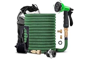 TIBBERS Manguera Extensible para Jardín (Hasta 15m) con Pistola de Riego de 8 Modos y Adaptadores de 20 mm y 25 mm (1/2'' y 3/4''), Conector para Grifos Domésticos, Manguera de 3x Extensible, MAN016