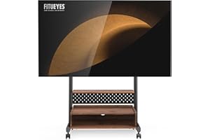 FITUEYES Stojak na telewizor z szafką na kółkach, regulacja wysokości, przenośny wózek podłogowy, wysoki, drewniana półka, maks. obciążenie