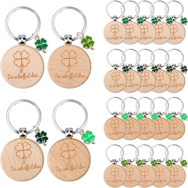 Tulov Set di 24 Portachiavi in Legno, Quadrifoglio, Portafortuna, con Moschettone, Sacchetto a Rete Verde Unisex - Adulto