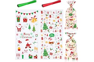 BBLIKE 100Pcs Christmas Cellophane Bags,Santa Claus Bells Elk Pattern Party Bags Christmas Sweet Cookie Bags with 100Pcs Red Green Twist Ties for XMAS Party Supplies