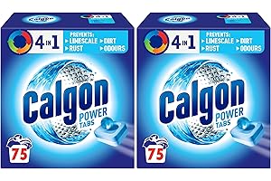 Calgon 4-in-1 Water Softener Tablets, Washing Machine Cleaner, Removes Odours, Limescale & Residue, Deep Clean, XL Pack, 2 x Pack of 75 (Packaging may vary)