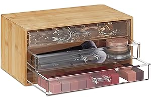 Relaxdays Bambusowy organizer do makijażu, 3 przezroczyste szuflady, kosmetyki, biżuteria, wys. x szer. x gł.: 15 x 30 x 17,5 cm, naturalny, PS, 1 sztuka