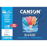 Canson Watercolor and Tempera Basik, Watercolor Paper, Light Grade, 370gsm, Minipack, A3-29.7x42cm, Natural White, 6 Sheets