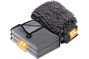 KEYAYE Kit Nettoyage Voiture Avec Lot de 3 Chiffon Microfibre Voiture et 2 Gant Lavage Voiture, 600 GSM Chiffon Microfibre Sechage Voiture,Extrêmement Absorbant et Doux,40x30cm,Kit Lavage Voiture Gris