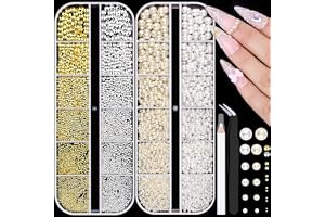 2 stycken kaviarpärlor för nagelkonst, glittrande pärlor, strass, kaviar, guld, silver, pärlor, med penna och pincett, vit oc